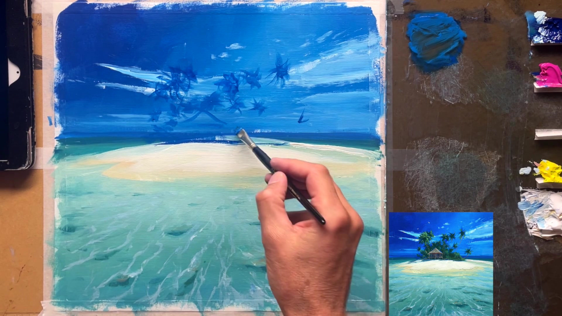 Step 9 — Painting palm trees (video frame from the lesson)