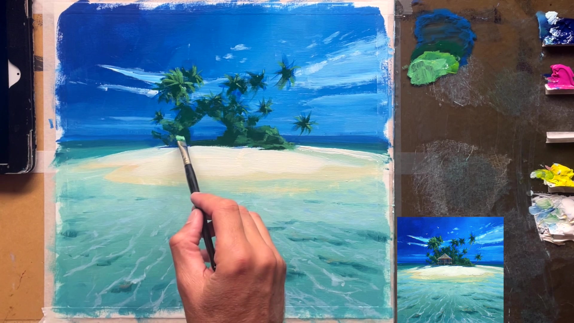 Step 10 — Adding palm tree trunks (video frame from the lesson)