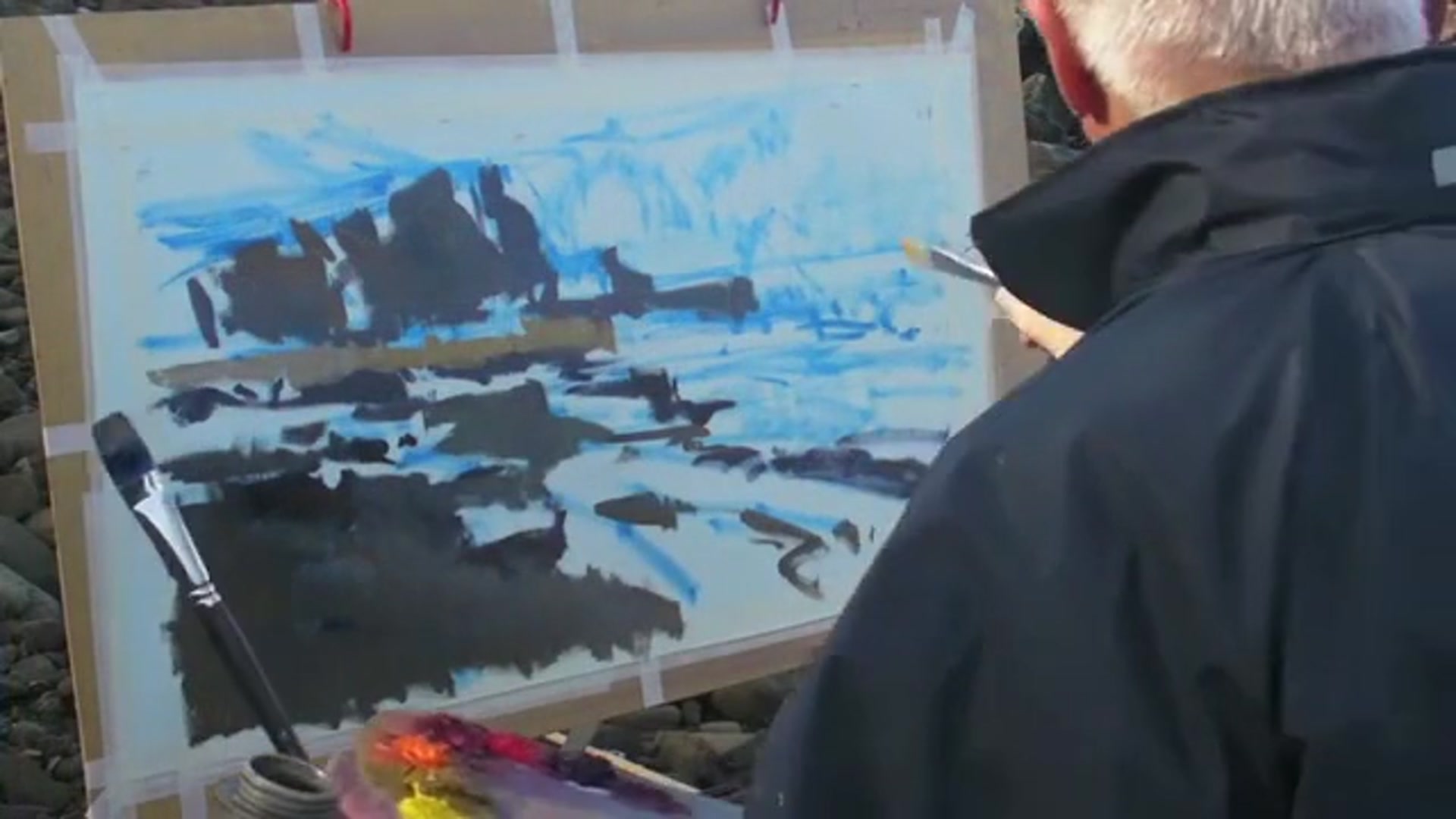 Step 8 — Painting rocks and cliff details (video frame from the lesson)