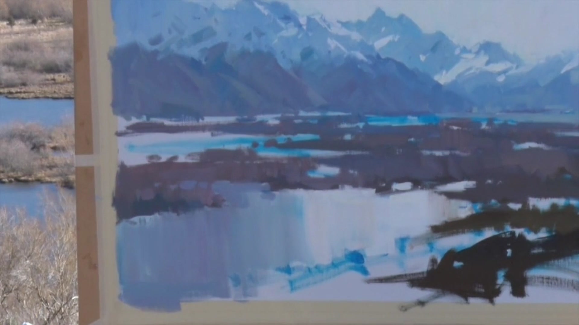 Step 19 — Painting water and reflections (video frame from the lesson)