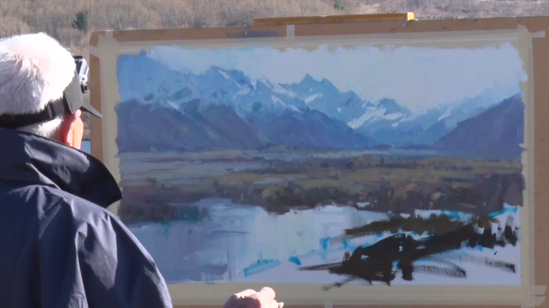 Step 21 — Foreground details and small brush use (video frame from the lesson)