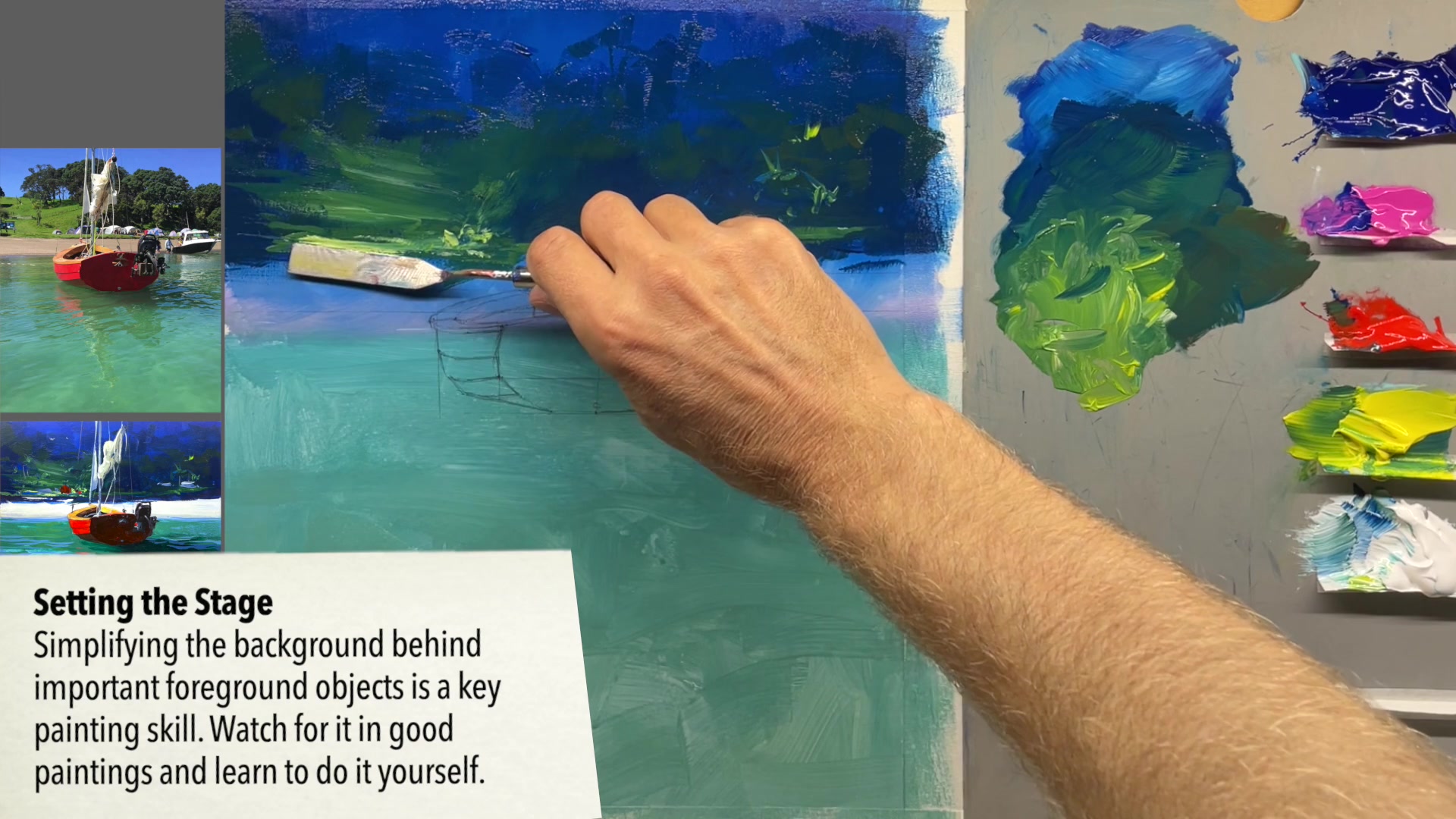 Step 2 — Painting the background with spotlights (video frame from the lesson)