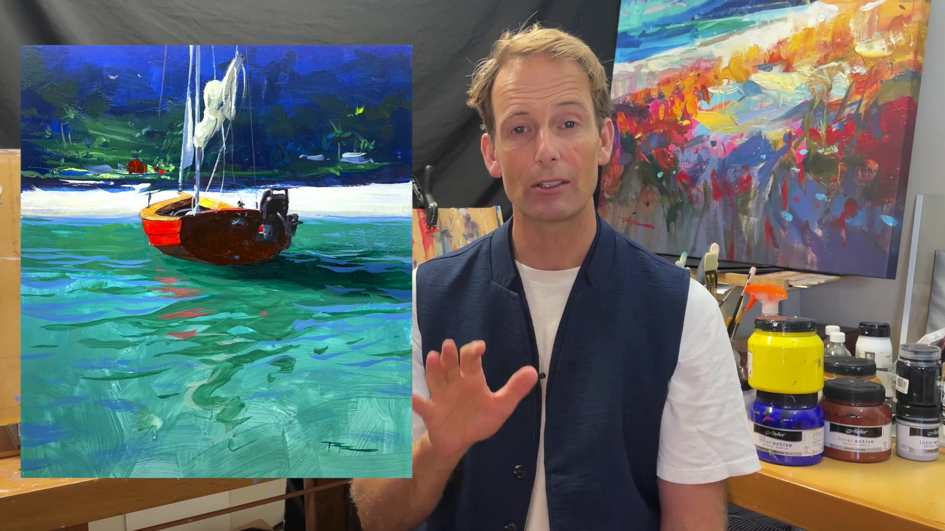 Step 3 — Painting the water (video frame from the lesson)