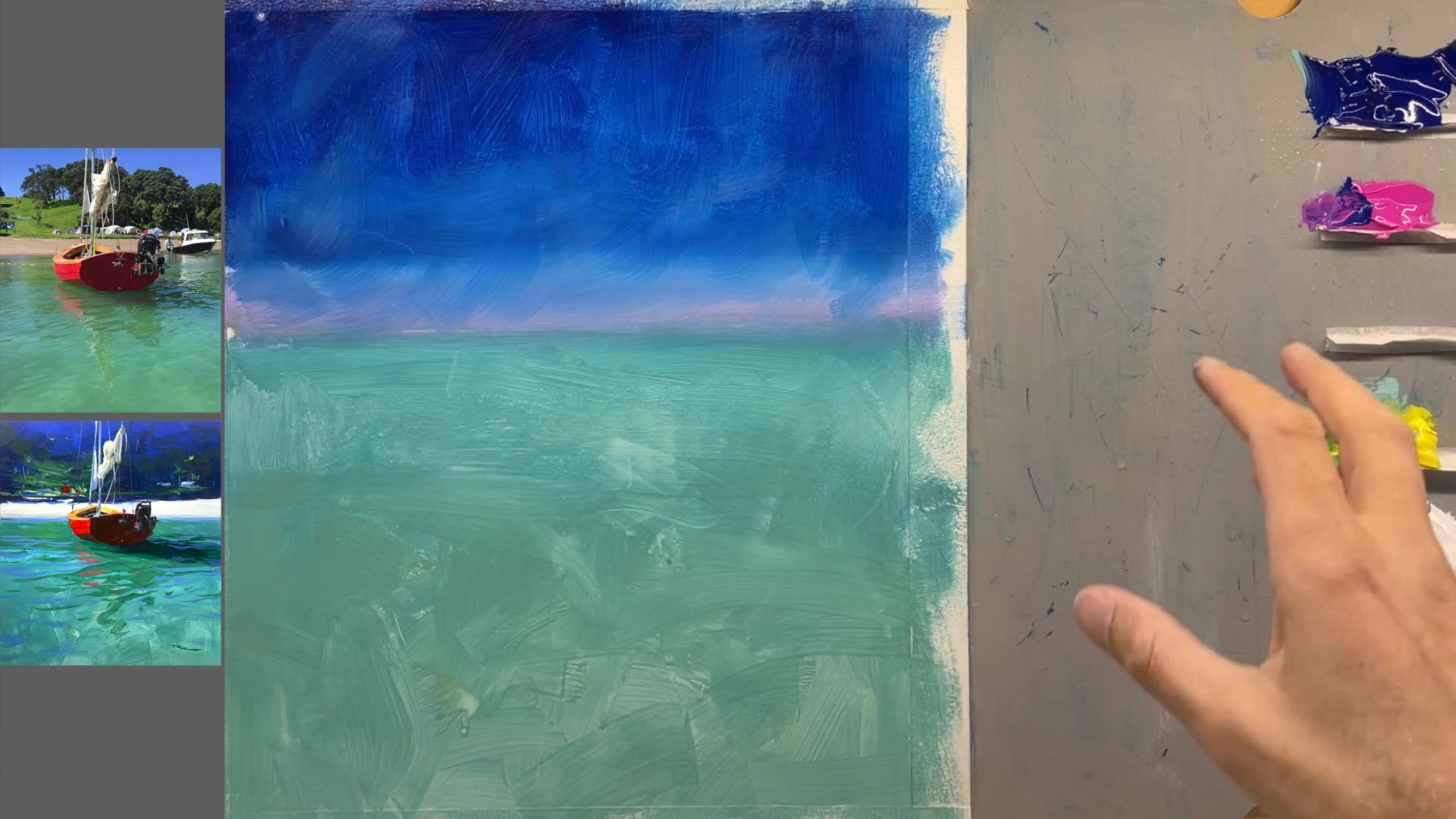 Step 9 — Keeping acrylics wet (video frame from the lesson)