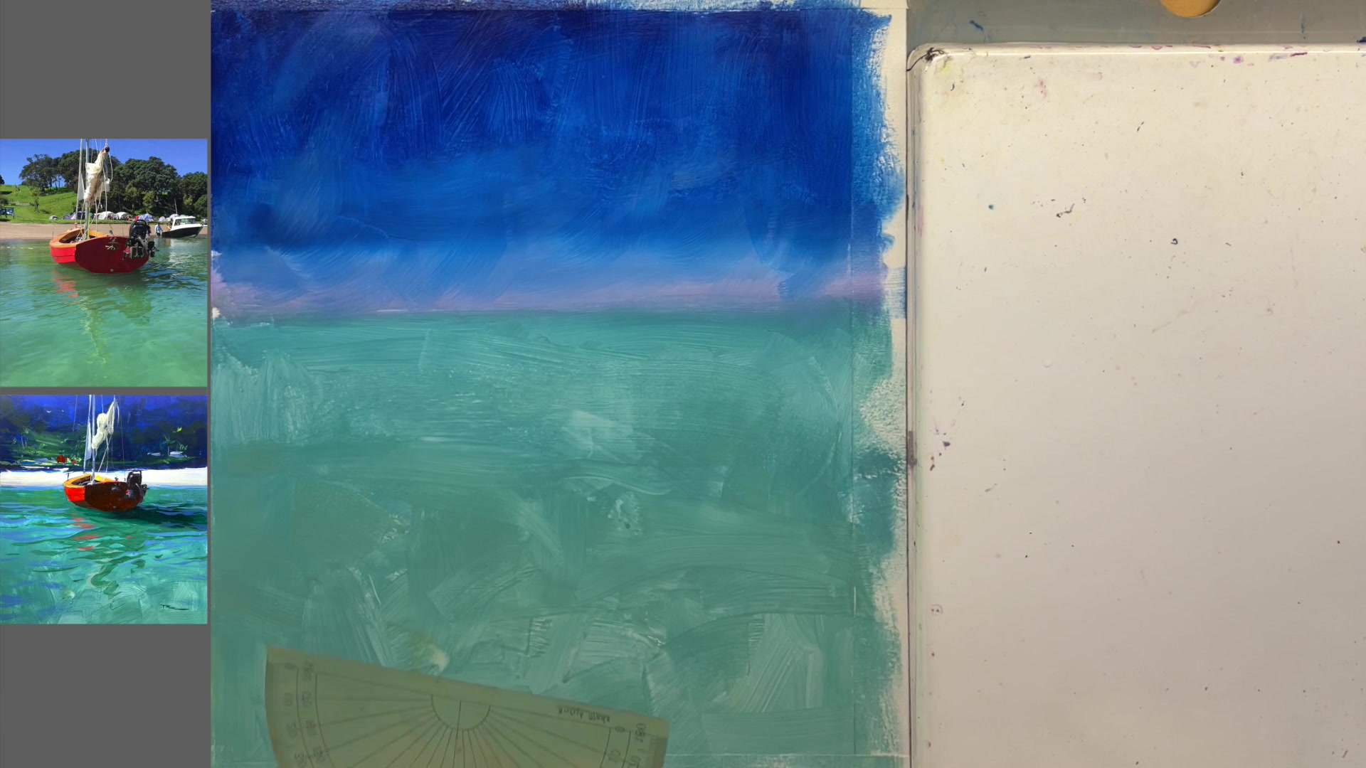 Step 10 — Drawing the boat and beach (video frame from the lesson)
