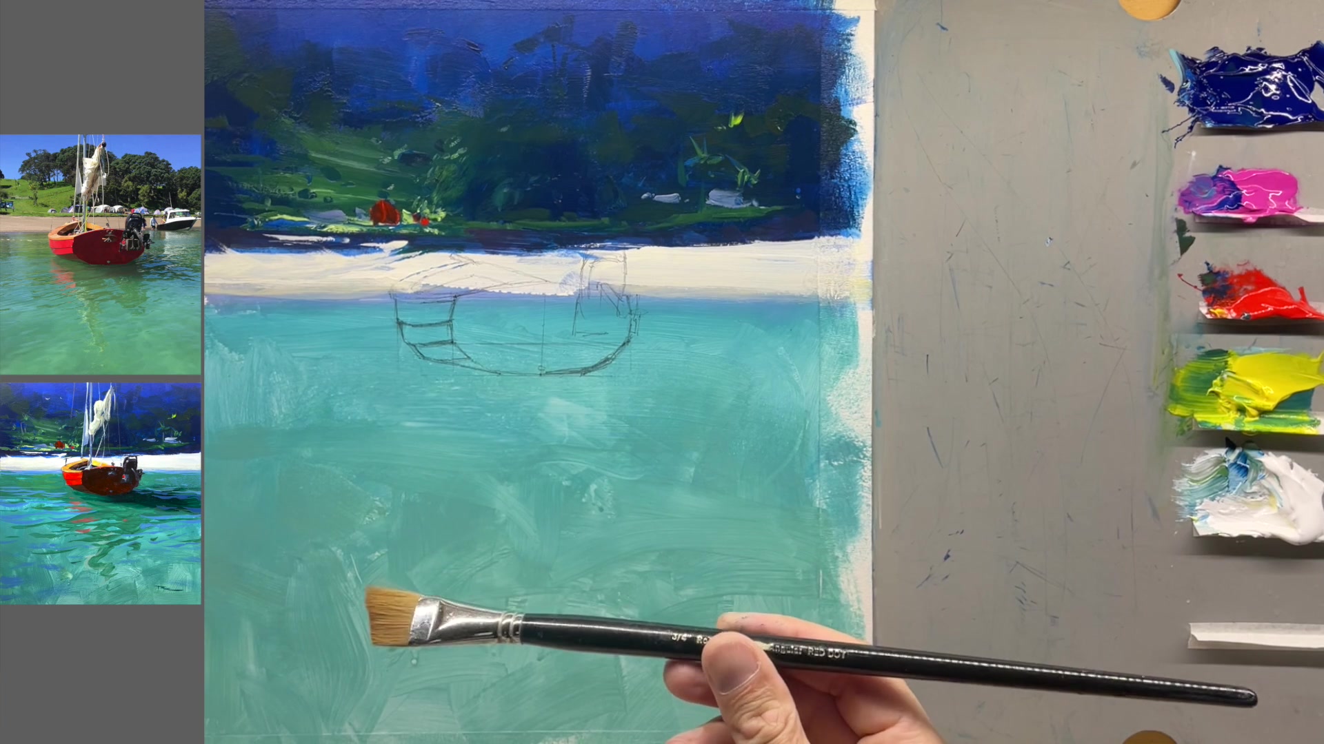 Step 12 — Preparing to paint the water (video frame from the lesson)