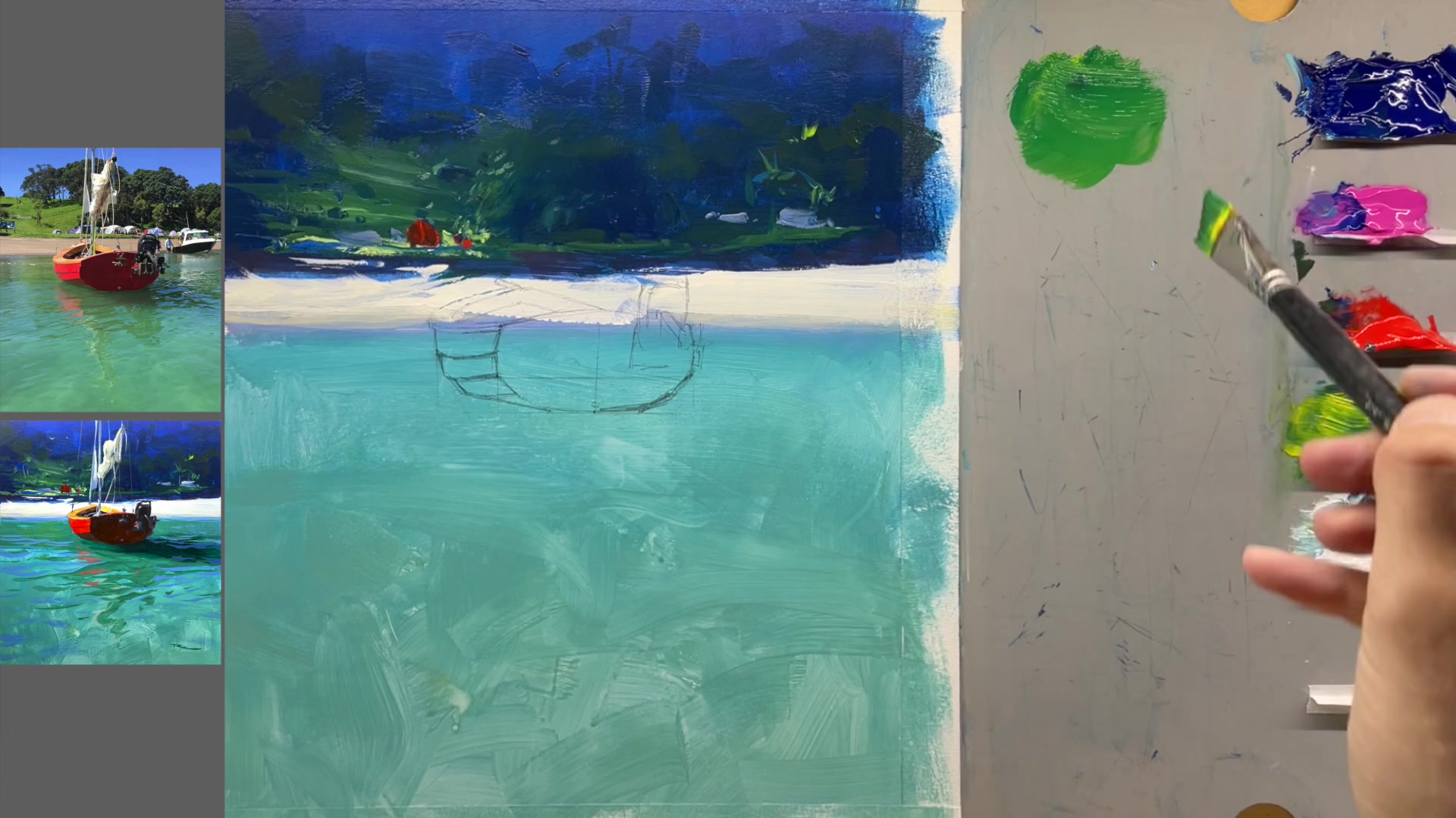 Step 13 — Painting the water details (video frame from the lesson)