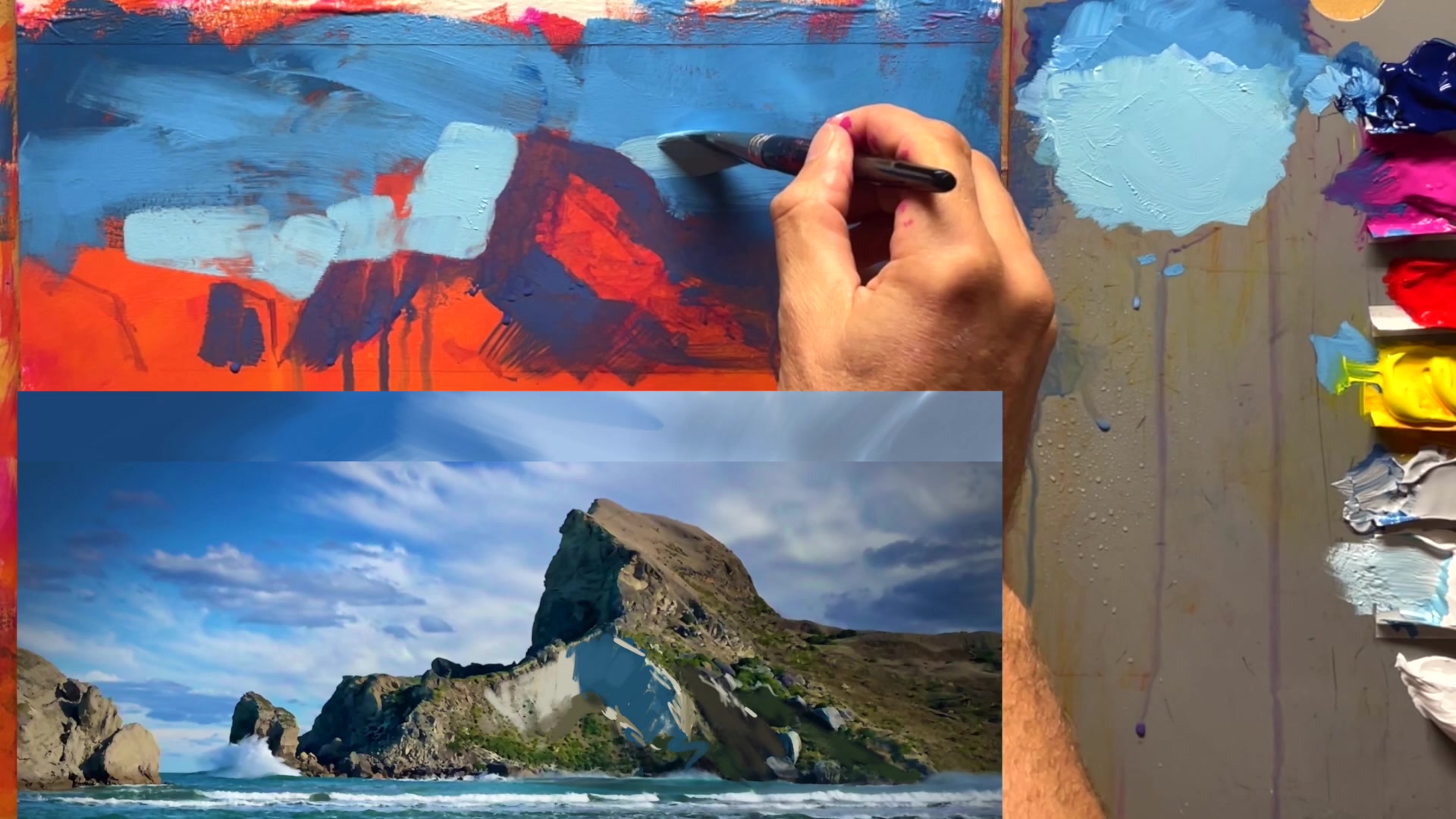 Step 18 — Softening sky edges (video frame from the lesson)