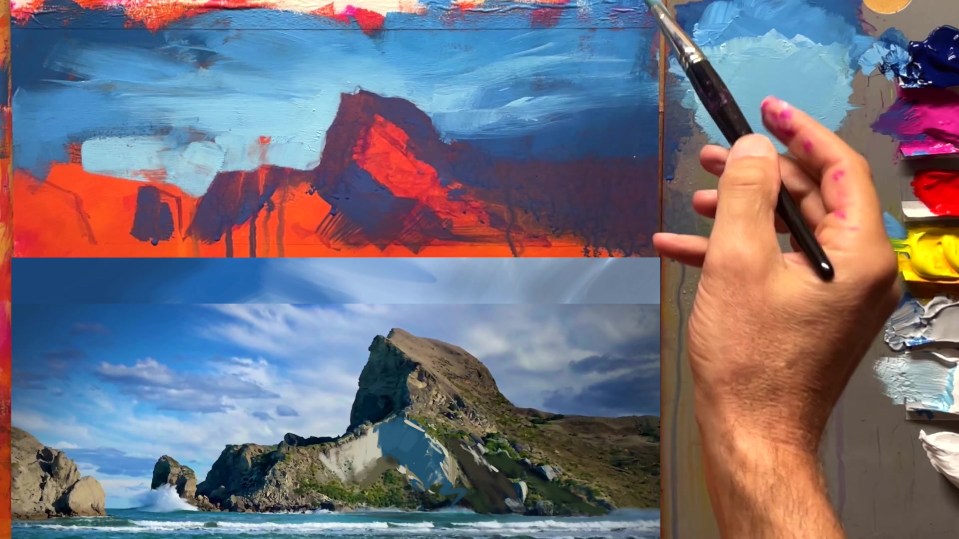 Step 19 — Creating depth with cloud layers (video frame from the lesson)