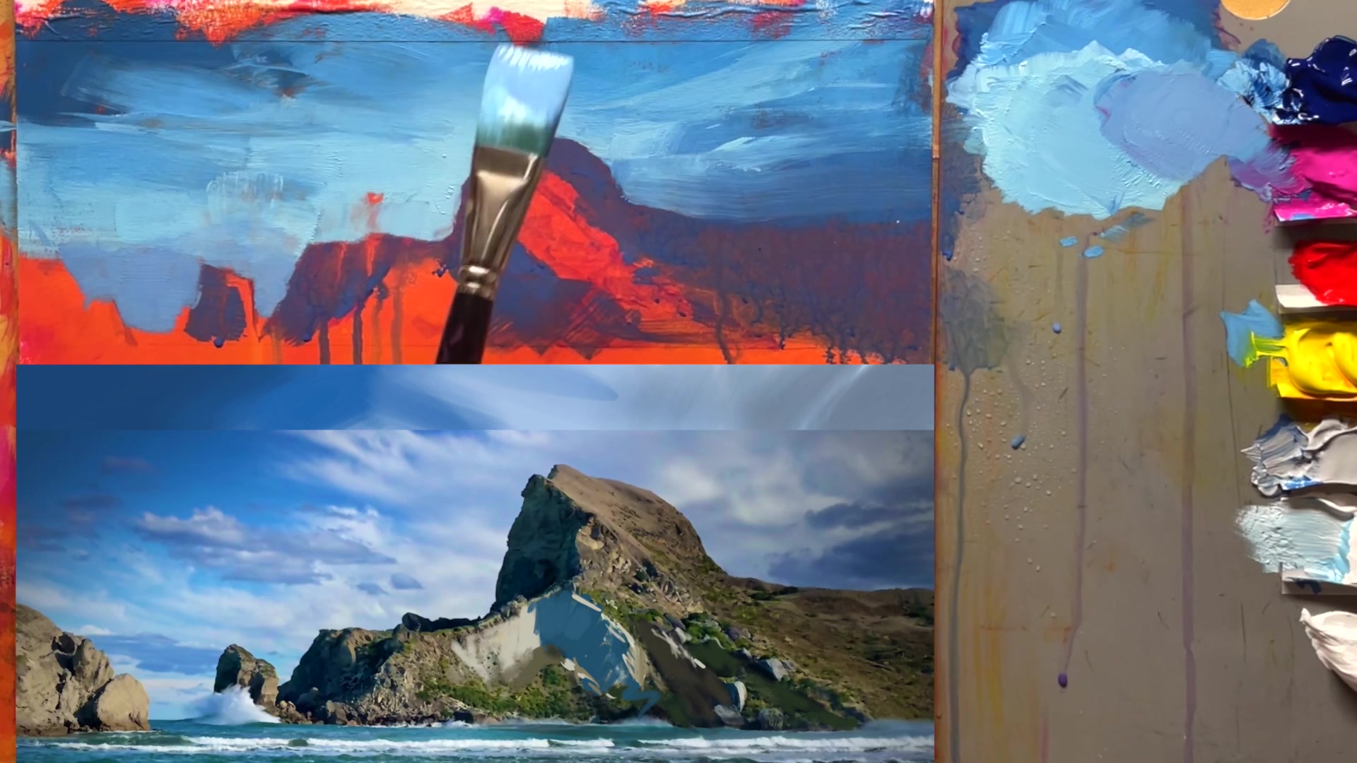 Step 20 — Mixing colors for mountain shadows (video frame from the lesson)