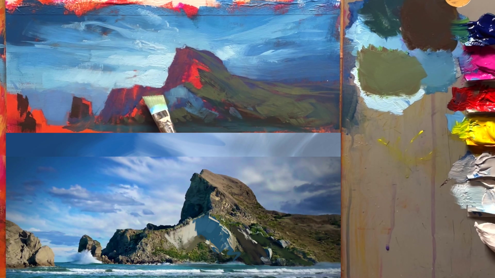 Step 24 — Adding texture to rocks (video frame from the lesson)