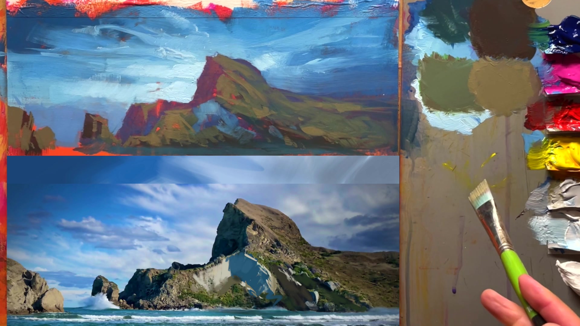 Step 27 — Planning light and shadow contrast (video frame from the lesson)