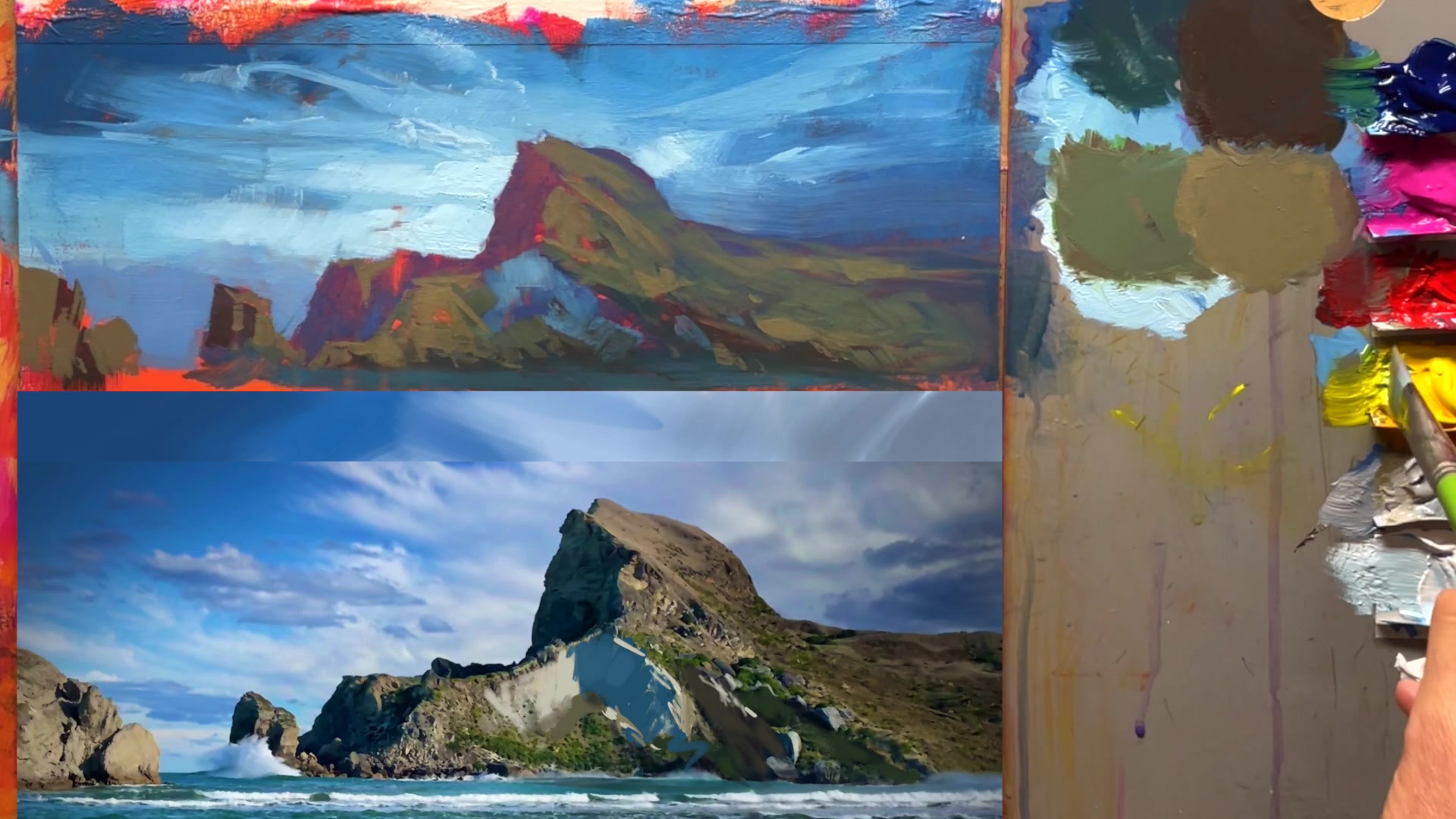 Step 28 — Mixing and applying light greens (video frame from the lesson)