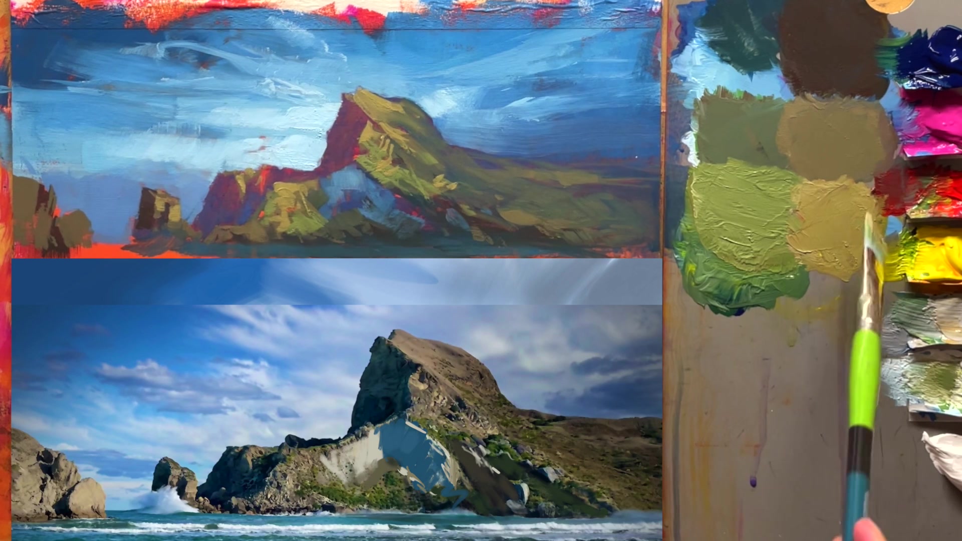 Step 30 — Adding light details to rocks (video frame from the lesson)