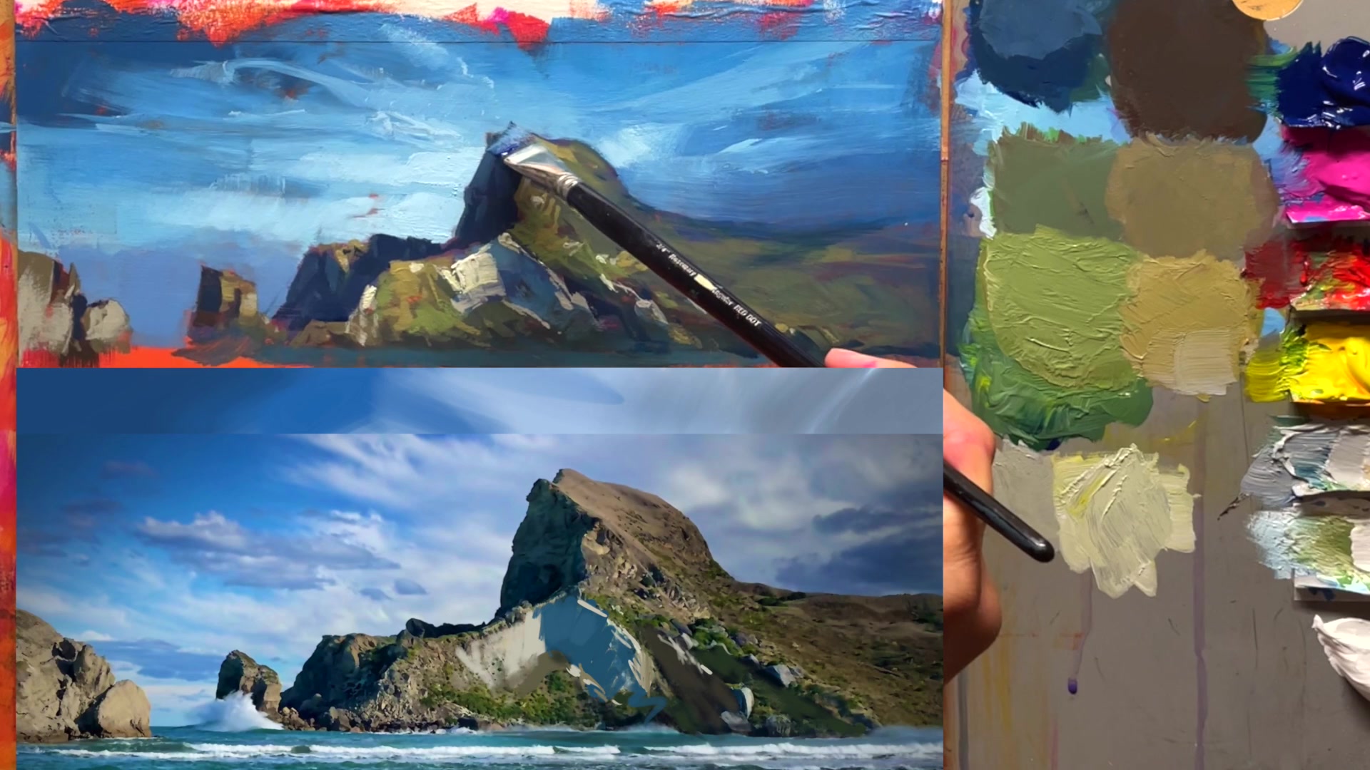 Step 33 — Adding ocean splash details (video frame from the lesson)