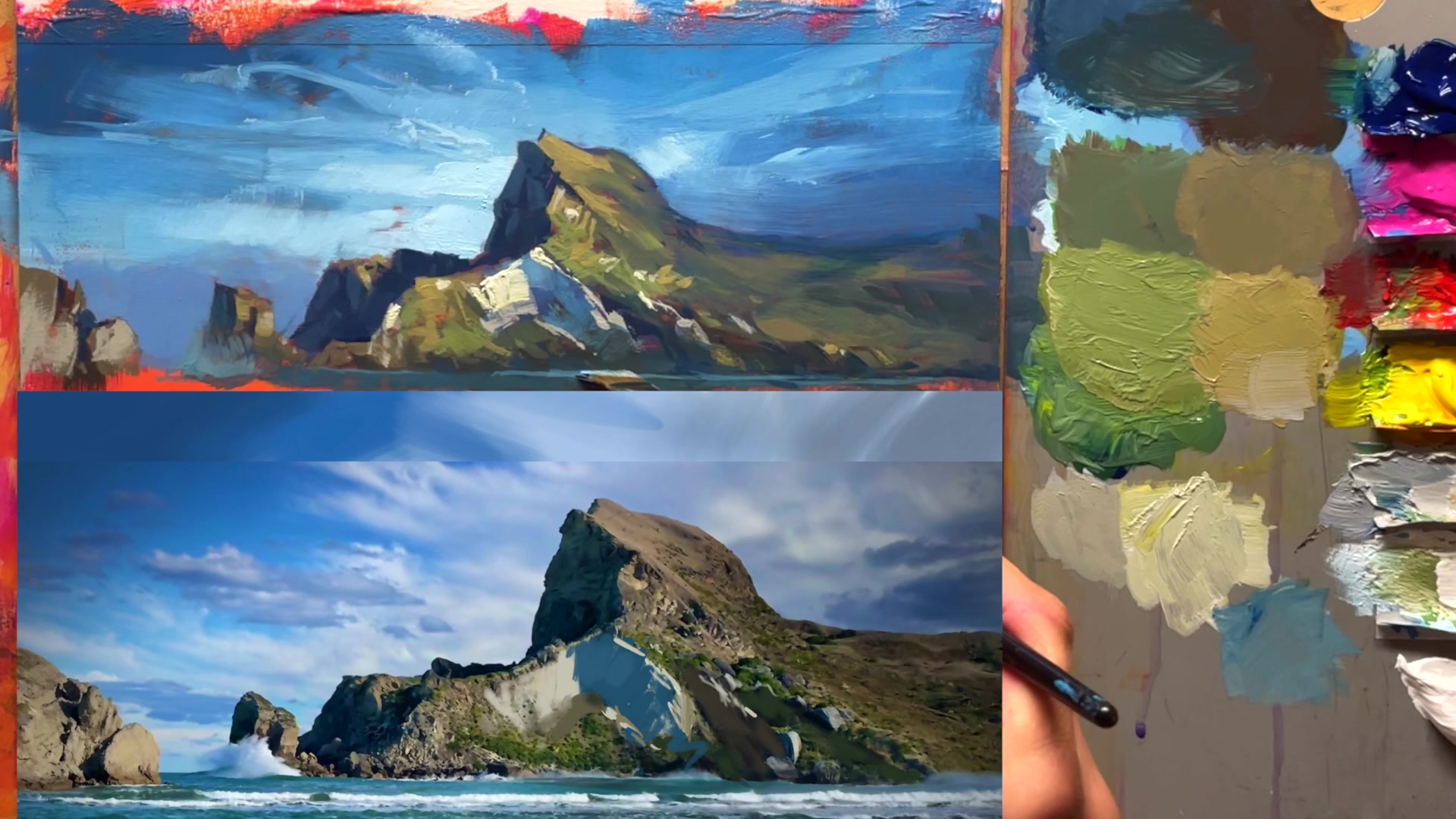 Step 34 — Painting ocean waves (video frame from the lesson)