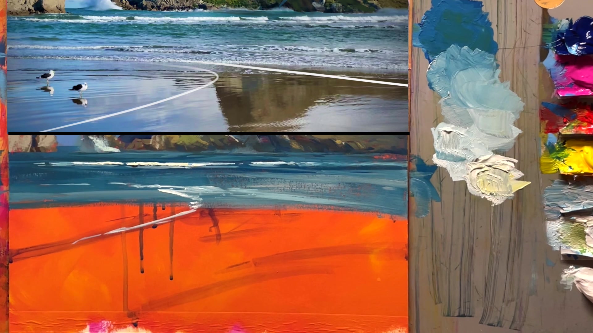 Step 39 — Painting hill reflections (video frame from the lesson)