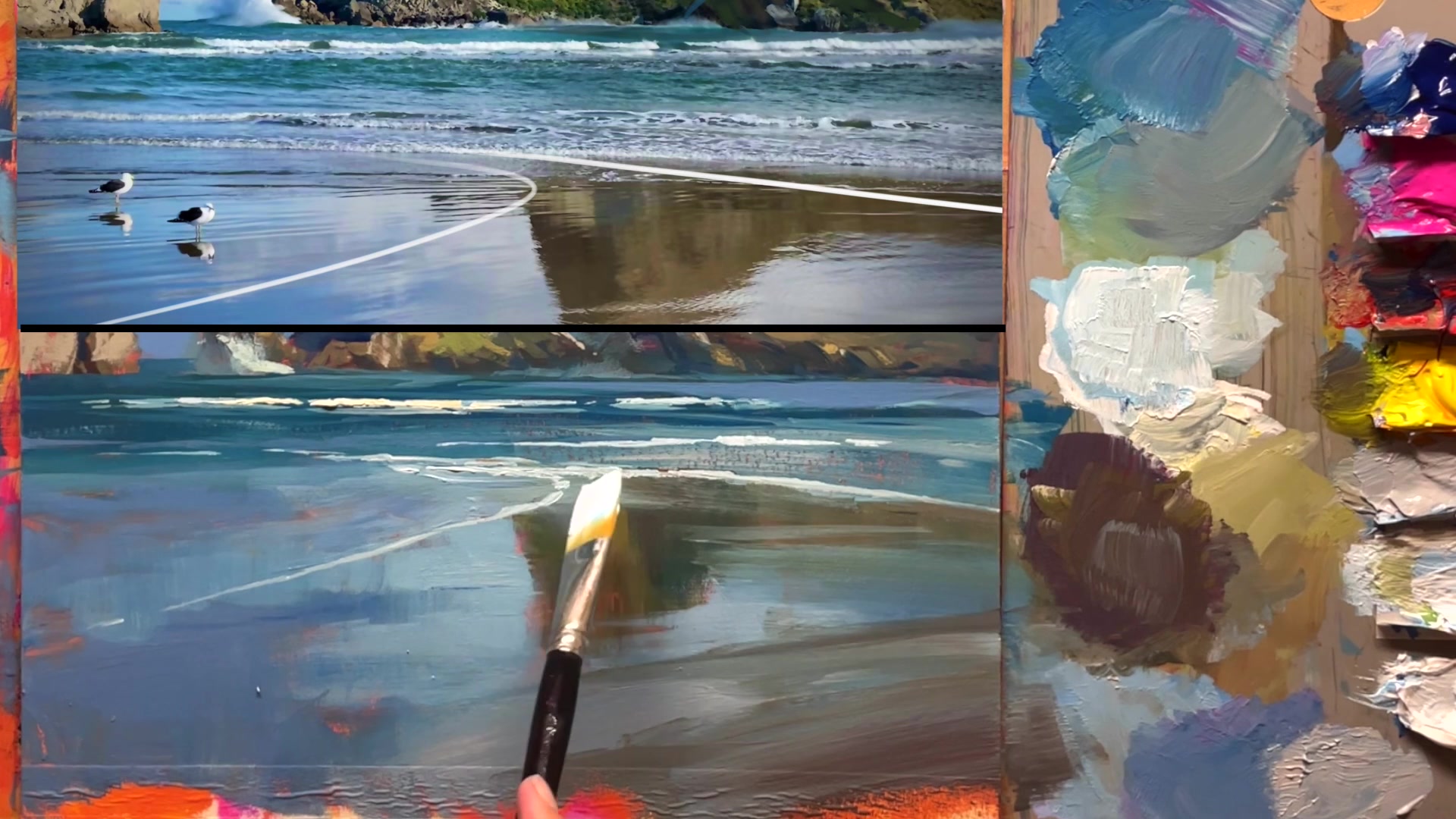 Step 43 — Reflecting foam on water (video frame from the lesson)