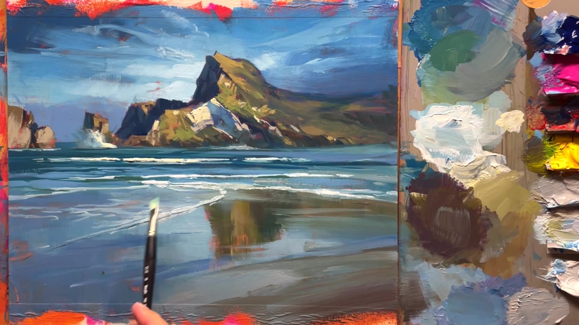 Step 46 — Painting seagulls (video frame from the lesson)