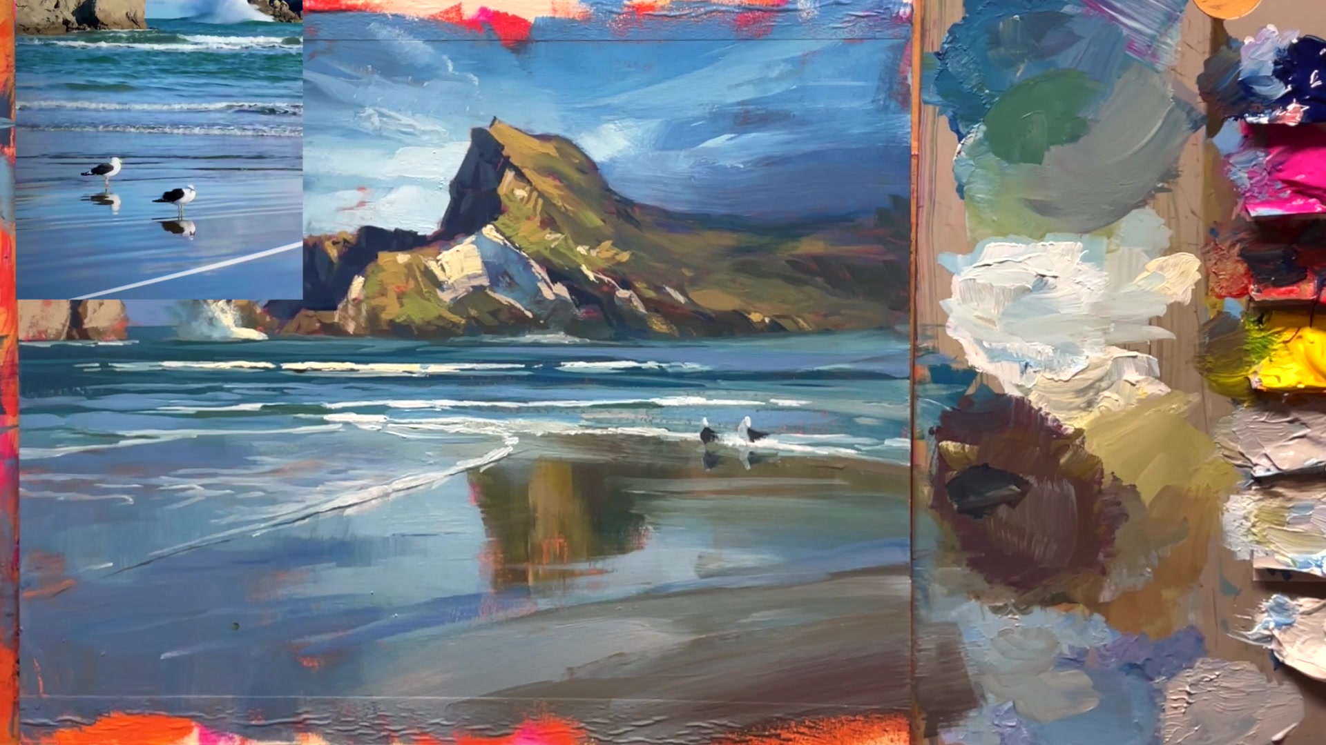 Step 47 — Adding seagulls in the sky (video frame from the lesson)