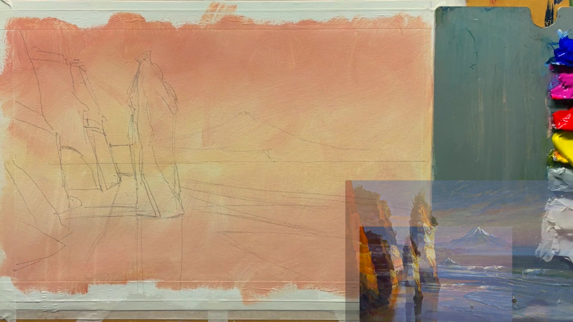 Step 6 — Painting the Sky and Mountain (video frame from the lesson)