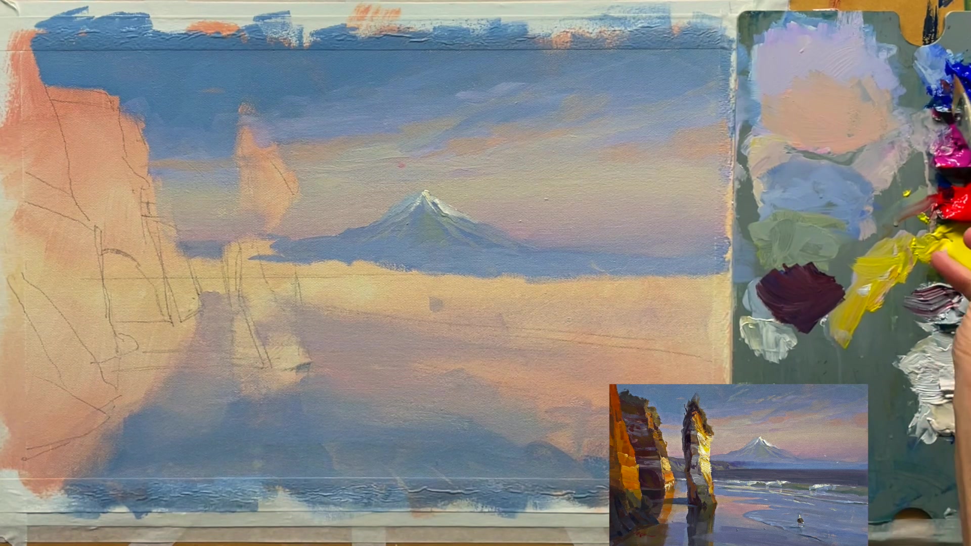 Step 9 — Painting the Distant Cliffs (video frame from the lesson)