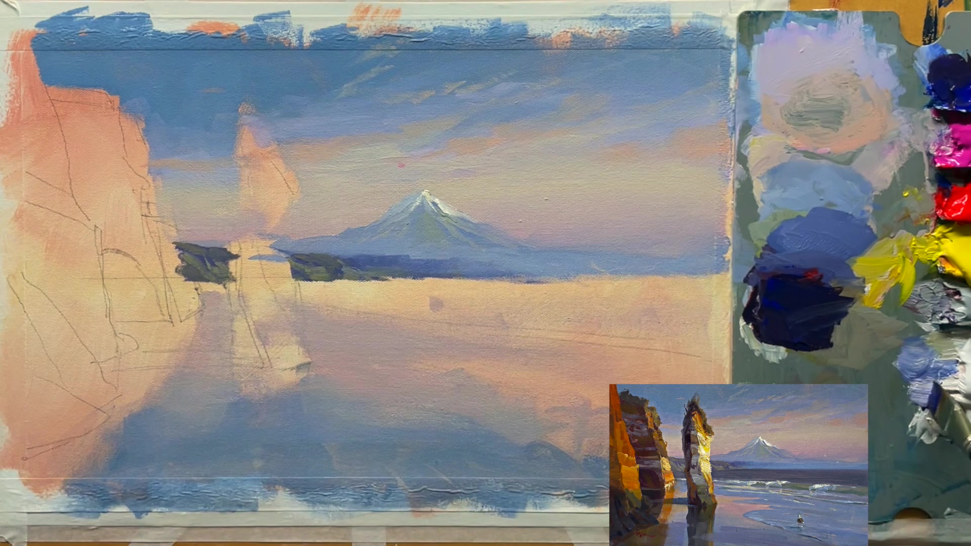Step 10 — Foreground Cliffs and Texture (video frame from the lesson)