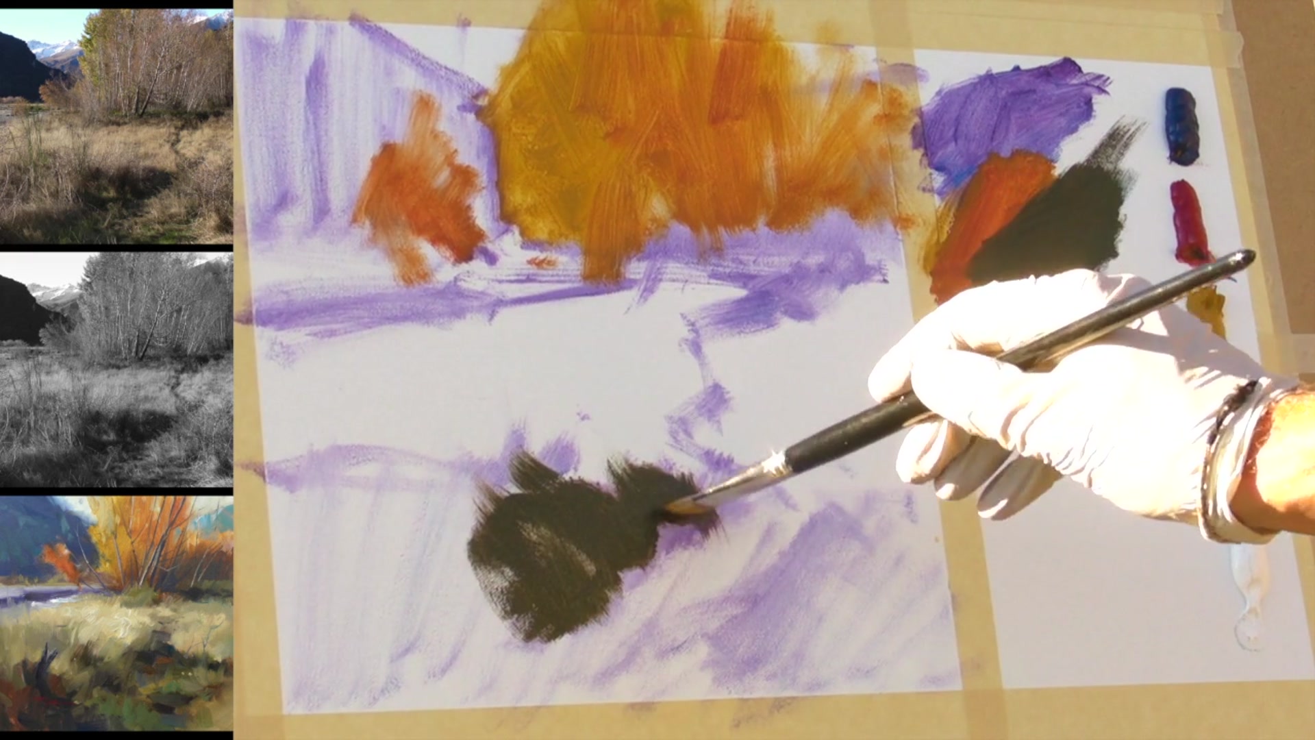 Step 4 — Foreground Dark Greens (video frame from the lesson)