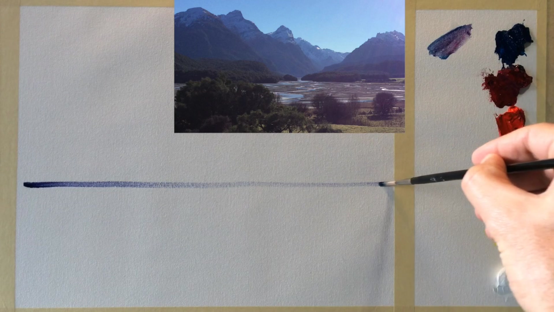 Step 1 — Sketching the composition (video frame from the lesson)