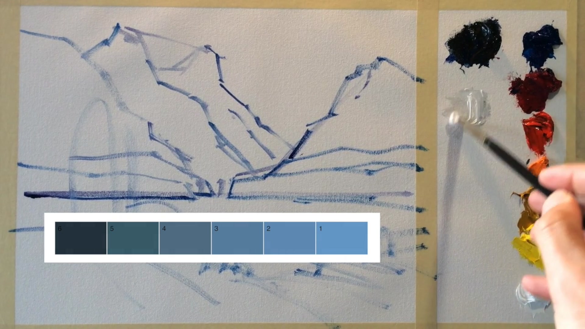 Step 3 — Mixing colors for distant mountains (video frame from the lesson)