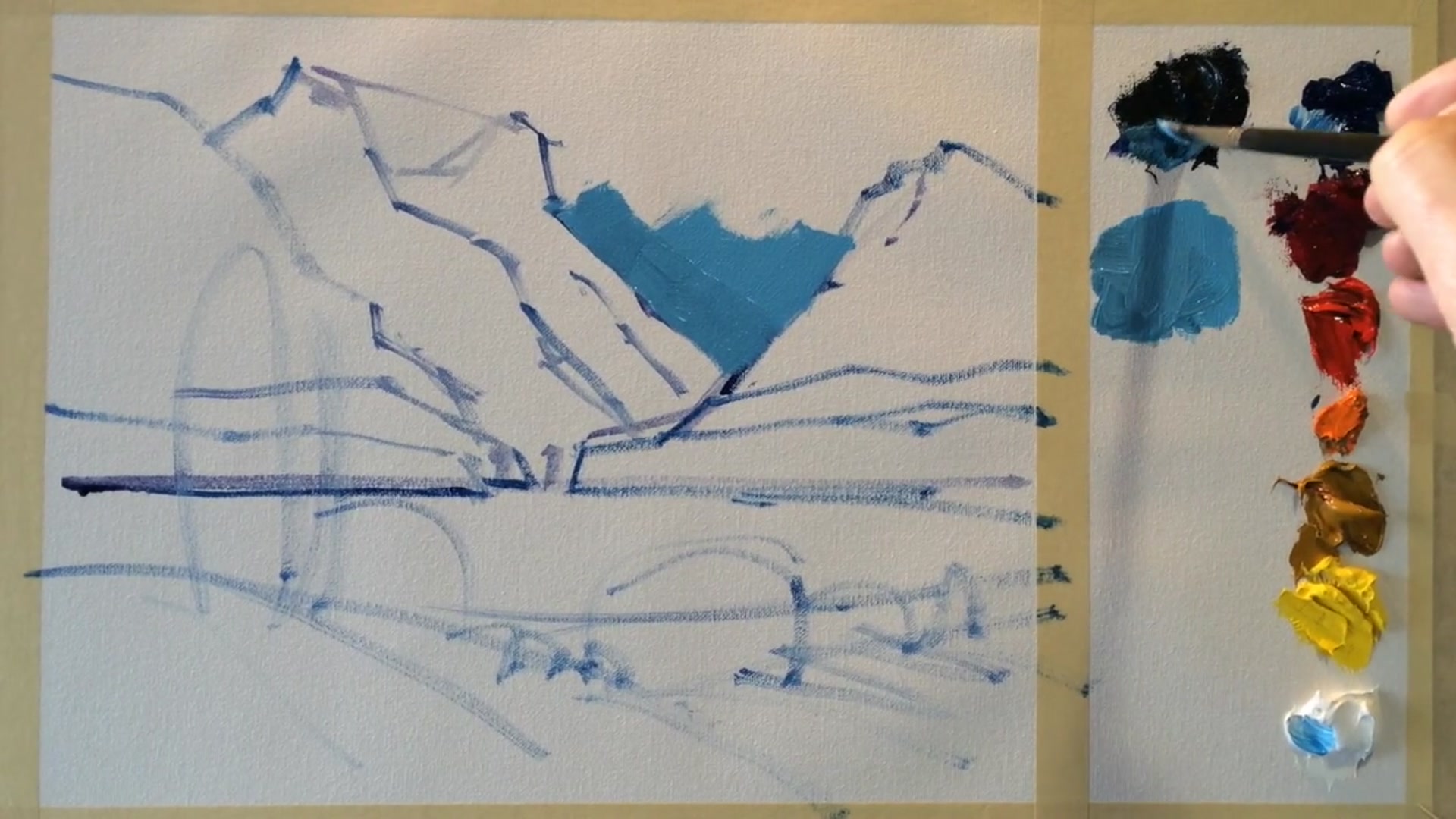 Step 4 — Mixing colors for closer mountains (video frame from the lesson)