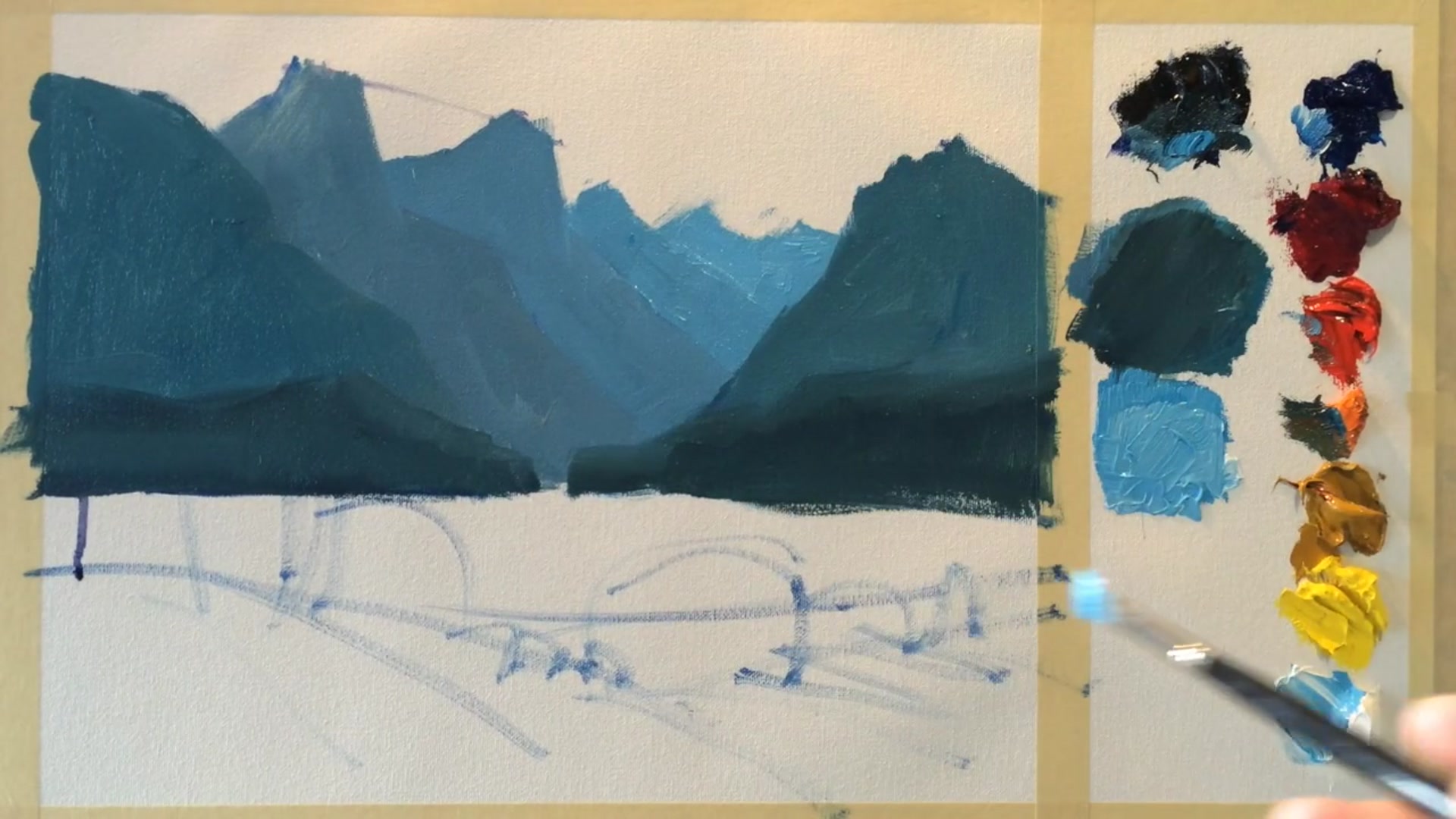 Step 5 — Painting snow and shadows on mountains (video frame from the lesson)