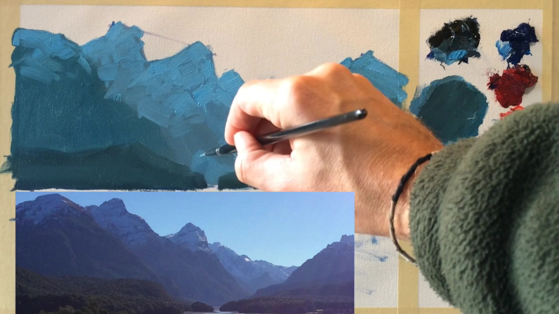 Step 7 — Adding light and color to mountains (video frame from the lesson)