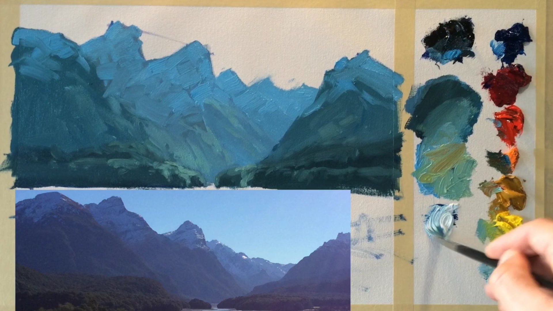 Step 8 — Painting the sky (video frame from the lesson)