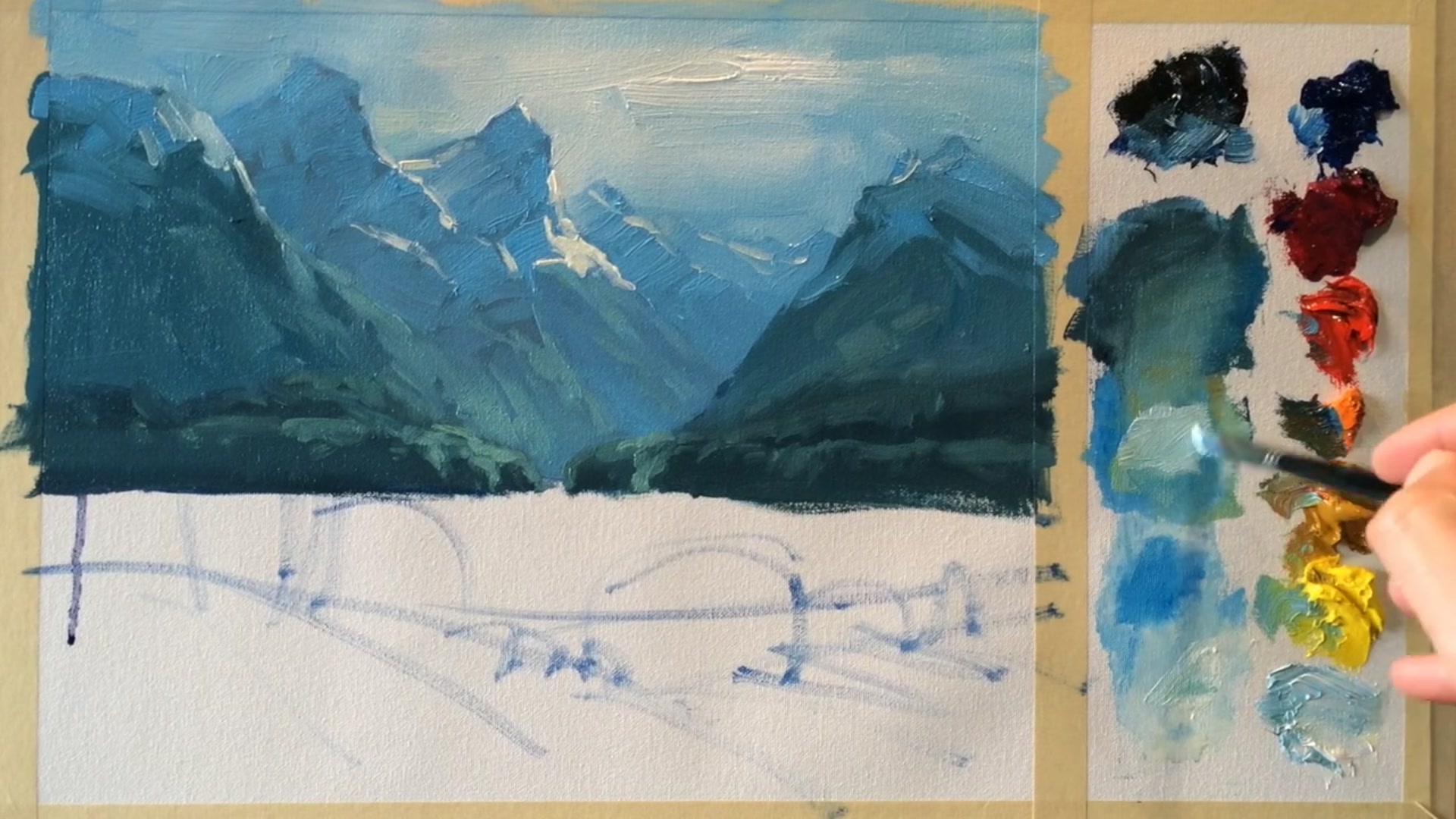 Step 10 — Painting the midground and river plain (video frame from the lesson)