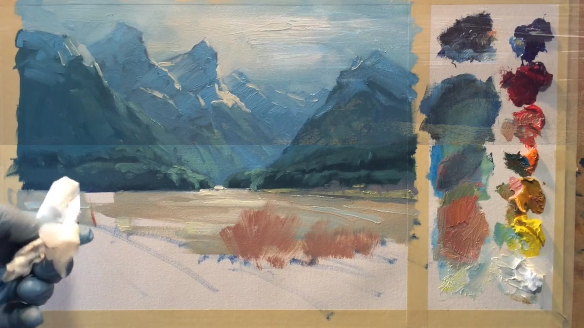 Step 11 — Painting trees and foliage (video frame from the lesson)