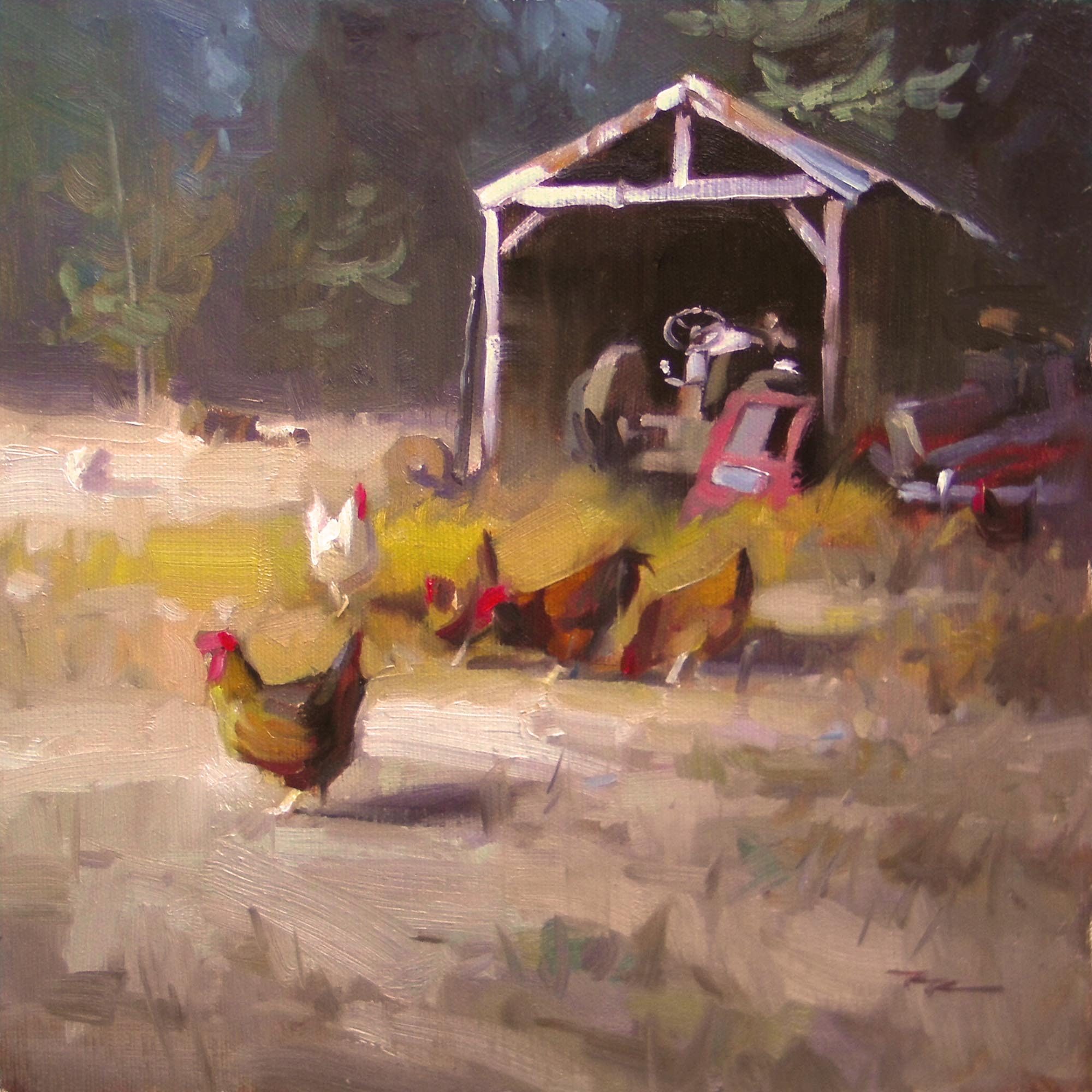 "Chickens in Paradise" 11 x 11" Oil on Canvas by Richard Robinson