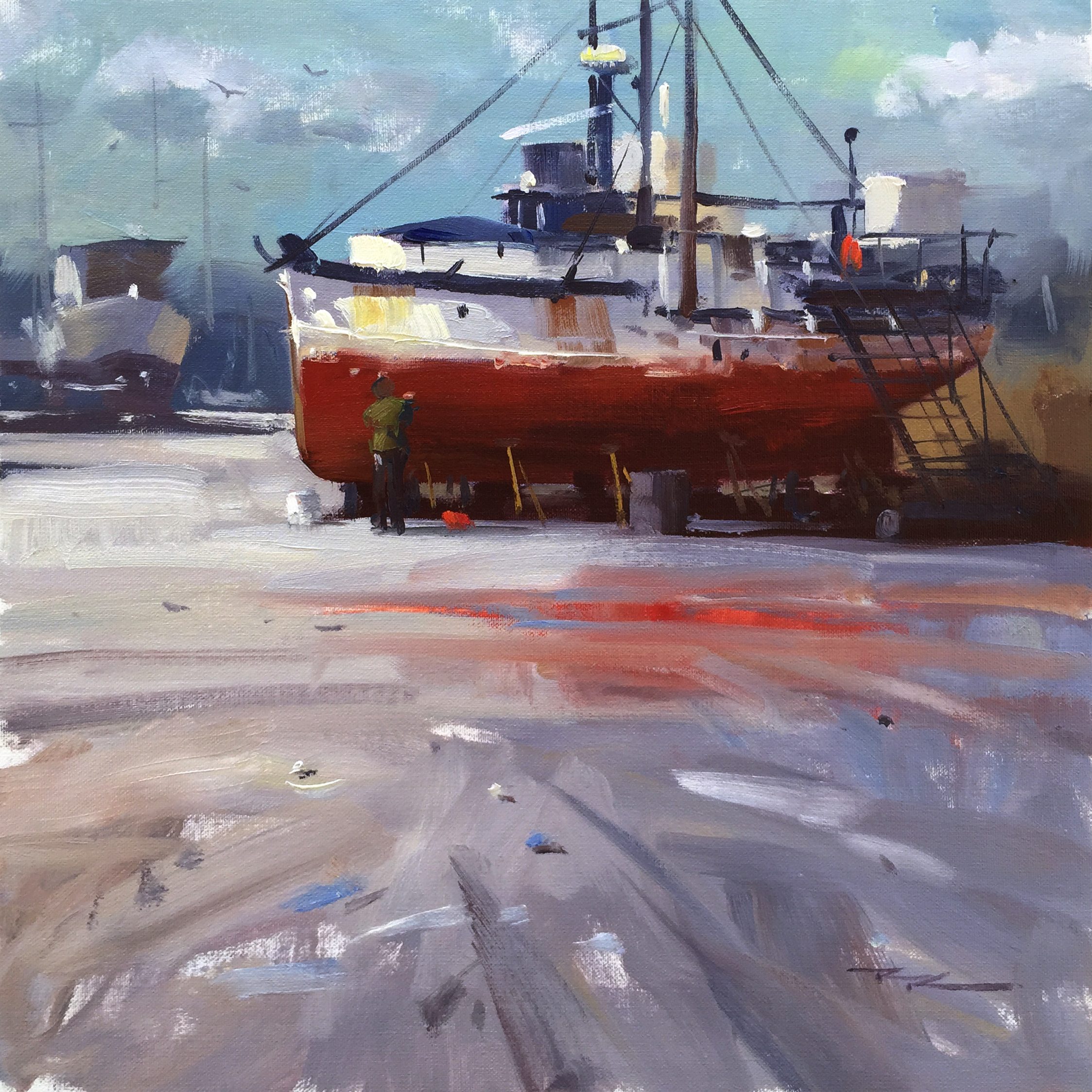 "Boat Repairs" 14 x 14" Oil on Canvas by Richard Robinson.
