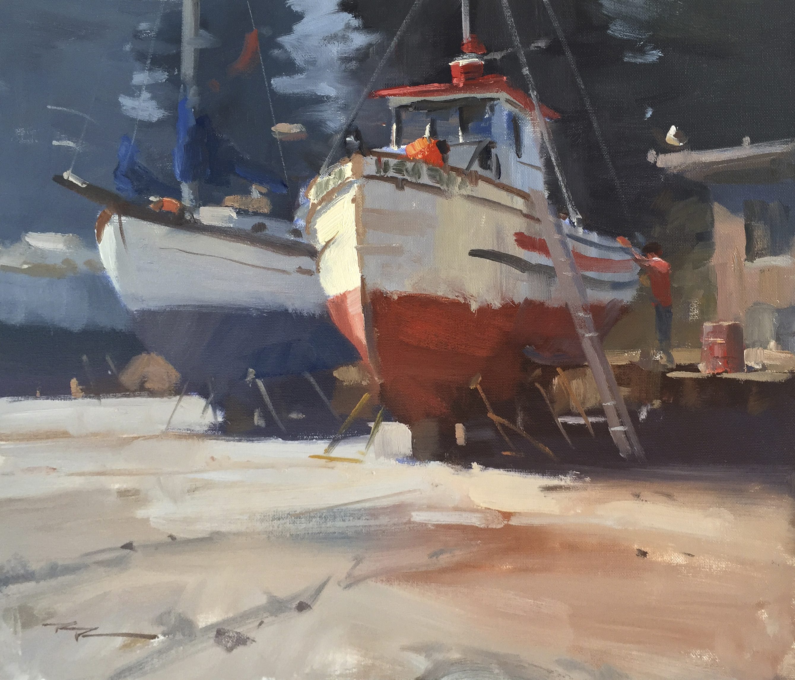 "Sunday Repairs" 14 x 16" Oil on Canvas by Richard Robinson.