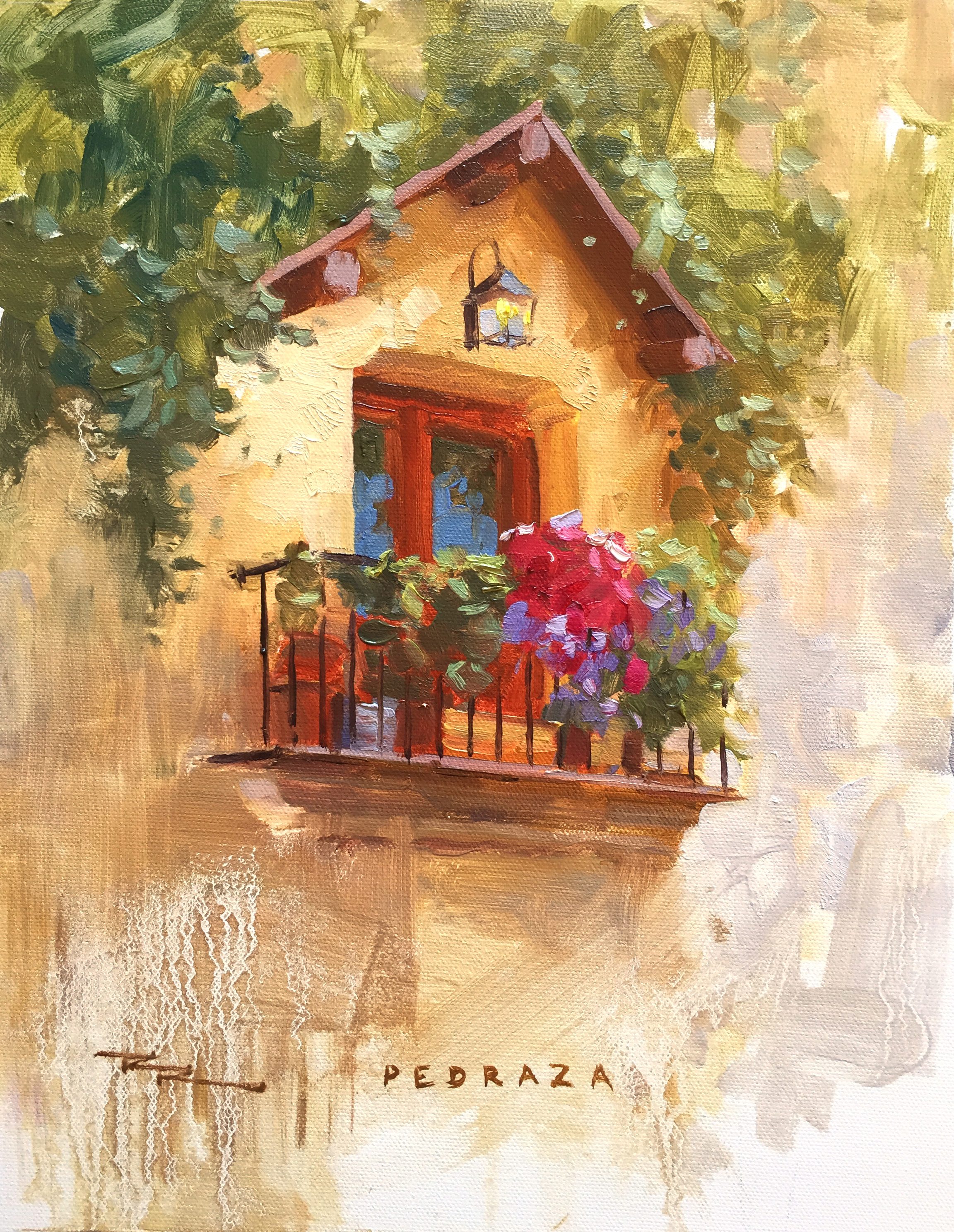 "Balcony in Bloom" 10 x 13" Oil on Canvas by Richard Robinson.