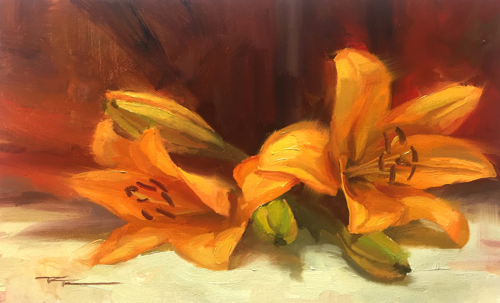 "Lillies" 7 x 12" Oil on Canvas by Richard Robinson.