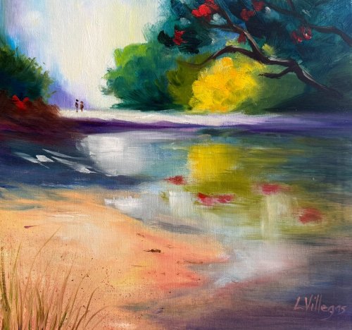 Waipu Cove by Louise Villegas.  Oil 12 x 12.  Another challenge to paint loosely!  