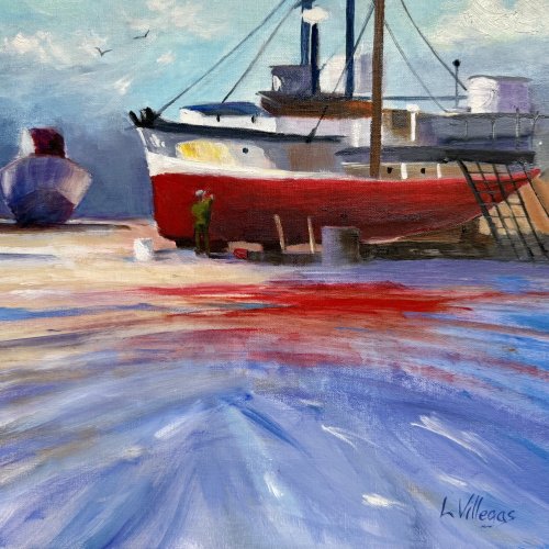 Boat Repairs by Louise Villegas.  12 x 12 Oil on Linen Pad.  Learning to paint loosely!