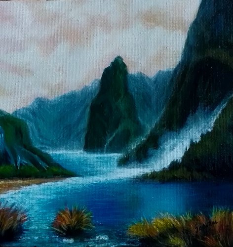 "Mini Milford"  6x6" Acrylic on canvas by Daniella Sasvari