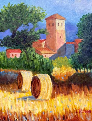 Hay Bales by Louise Villegas.  11 x 14 Oil on Linen Canvas.  A great lesson in painting like the Impressionists.